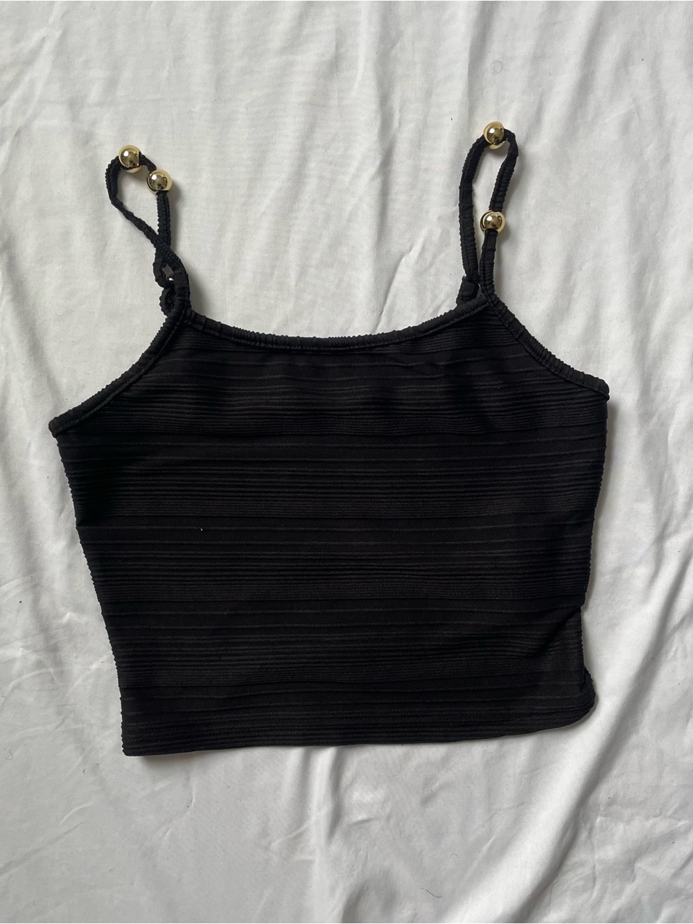 SHEIN Black Knit Spaghetti Strap Beaded Crop Cami Tank Top Stretch Slim S